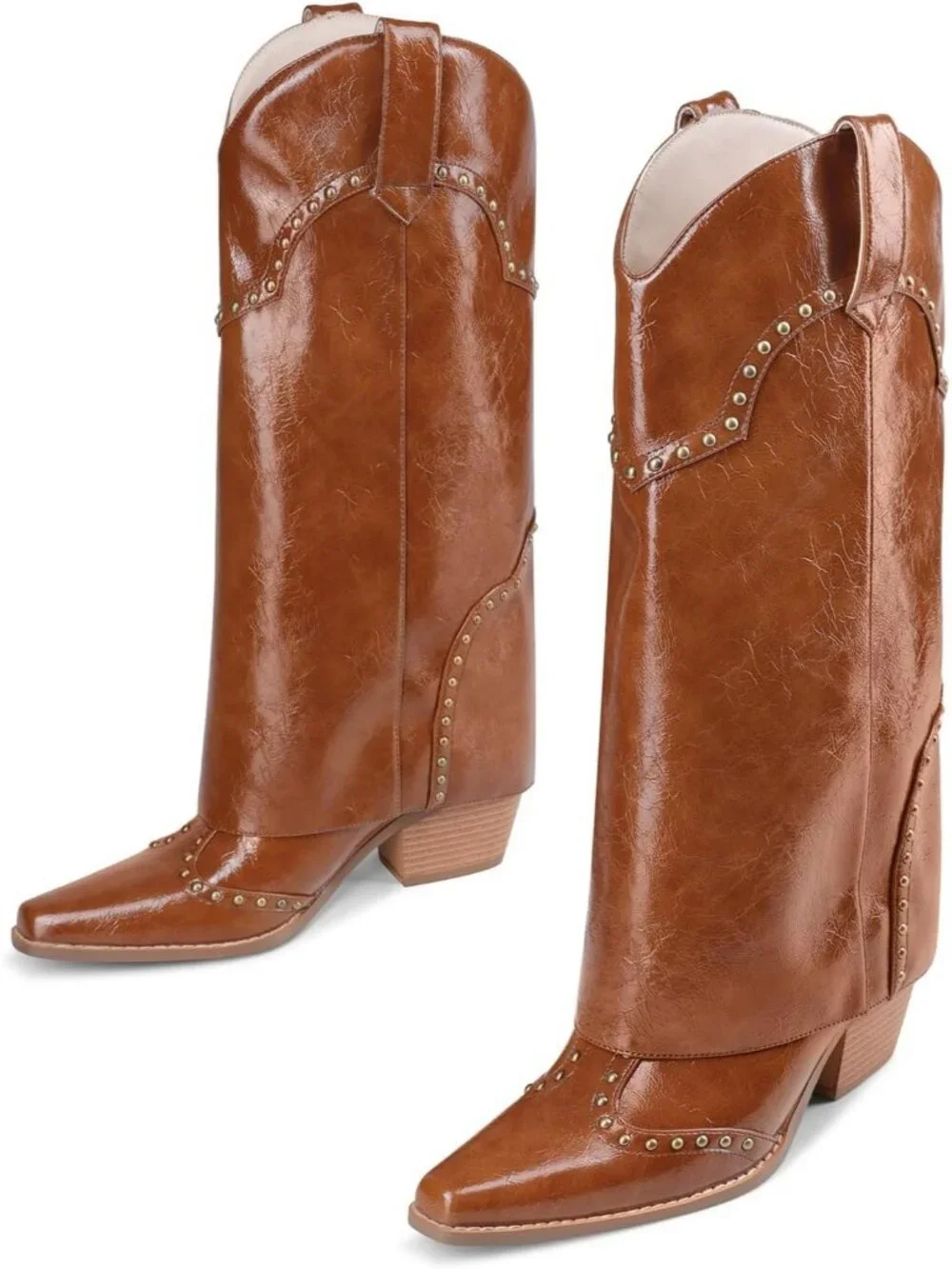 Women's Brown Patent Faux Leather Over Boot Knee High Chunky Heel  Cowgirl Boot